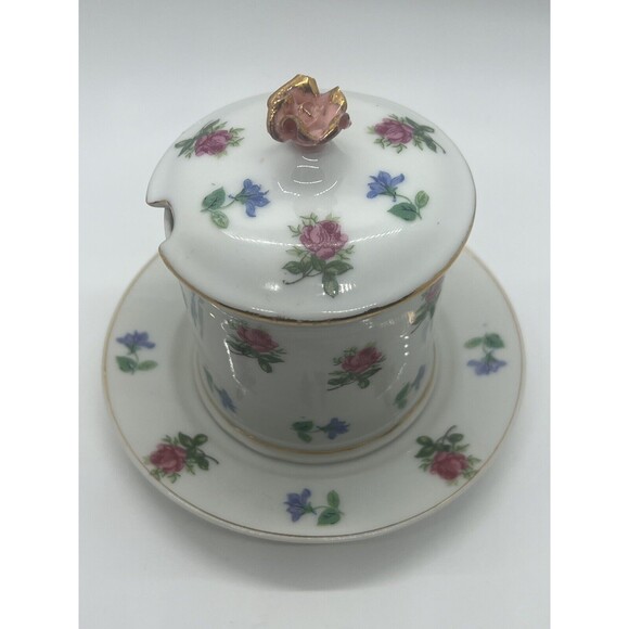 Vtg. White Porcelain Blue Pink Roses Jam Jar Sugar Bowl & Lid Floral UndePlate - Picture 3 of 14